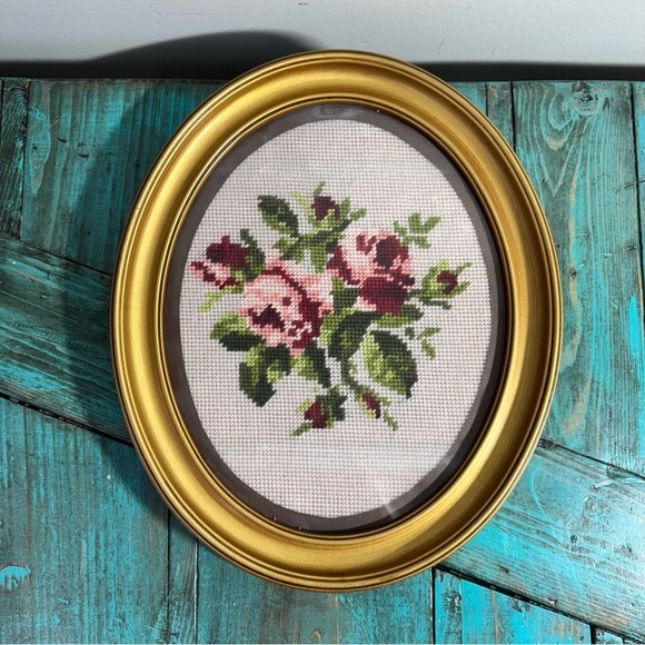 Vintage Cross-Stitch Needlepoint Framed Finished Art Hanging Oval Rose Flower - Picture 2 of 7